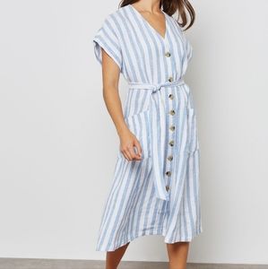 Linen blue white stripe dress MANGO